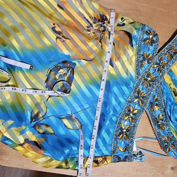 Elegant One Shoulder Blue and Yellow Dress - Picture 5 of 10